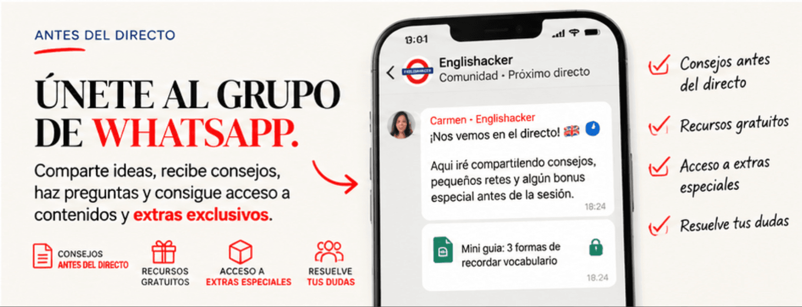 Únete al grupo de WhatsApp. Comparte ideas, recibe consejos, haz preguntas y consigue acceso a contenidos y extras exclusivos.